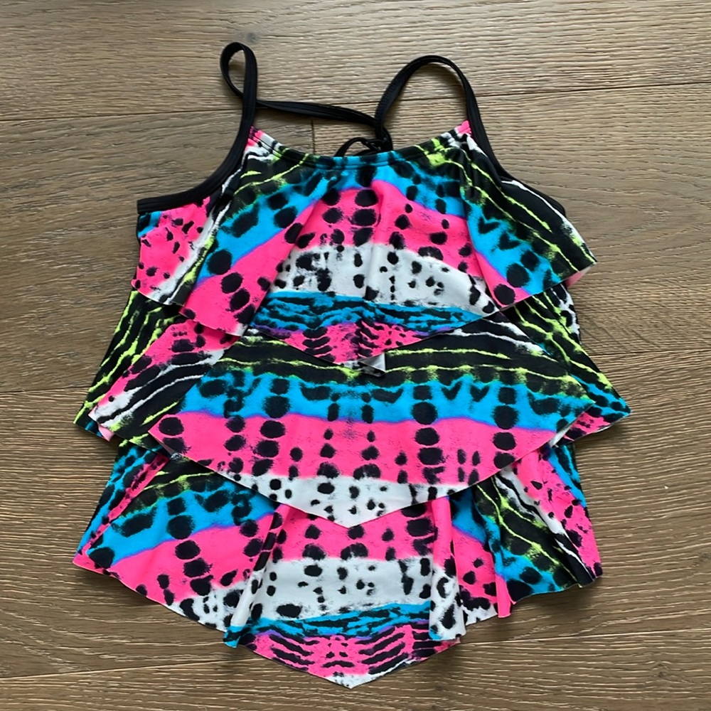 EUC Justice Girls Swim Tankini Top Ruffle Laters Size 8 Pink Blue White Black